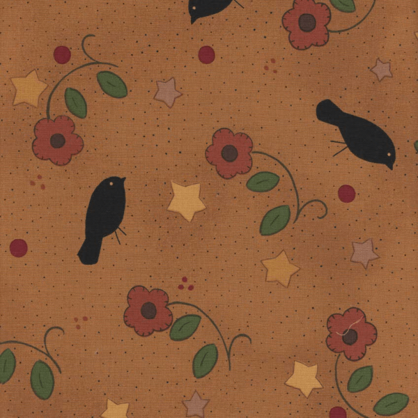 tessuto per patchwork con fiori e uccelli neri