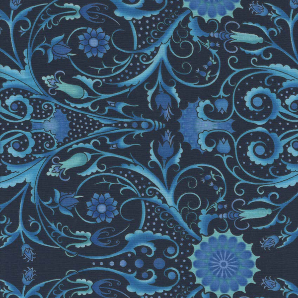 tessuto per patchwork disegno astratto ghirigori blu e neri