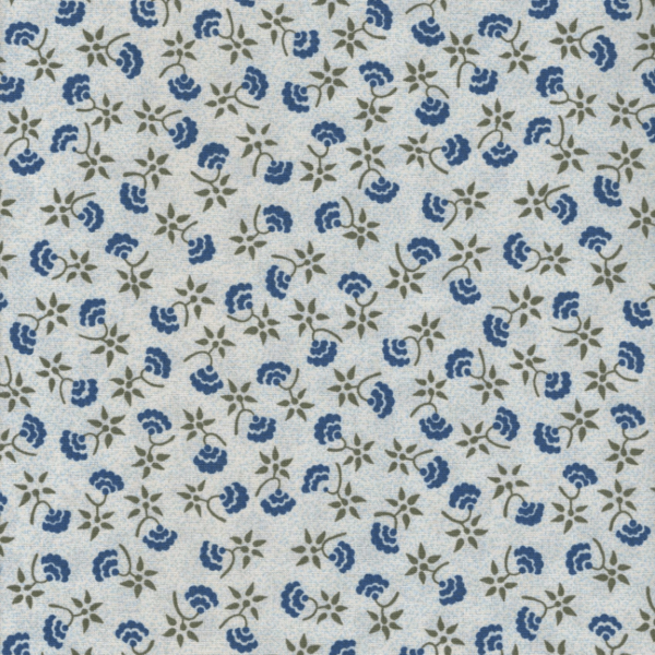 tessuto per quilting fiorellini beige blu su sfondo bianco