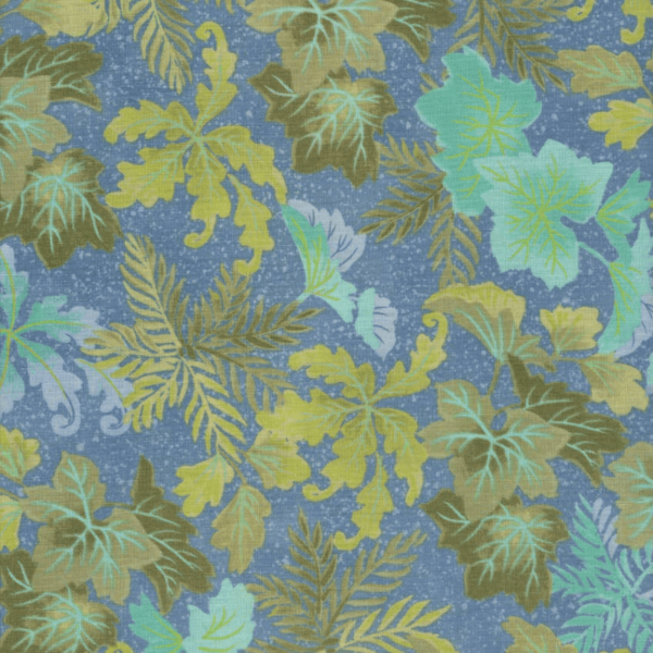 tessuto per quilting foglie giallo e verdi su sfondo blu